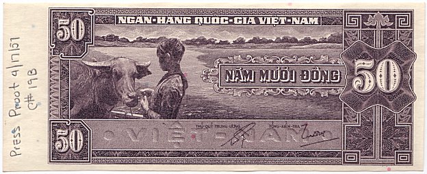South Vietnam banknote 50 Dong 1956 color proof, dark brown