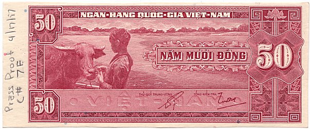 South Vietnam banknote 50 Dong 1956 color proof, lilac