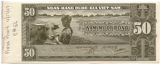 South Vietnam banknote 50 Dong 1956 color proof, olive