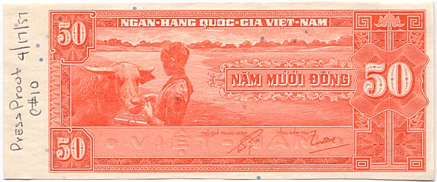South Vietnam banknote 50 Dong 1956 color proof, orange