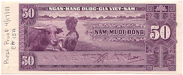 South Vietnam banknote 50 Dong 1956 color proof, violet