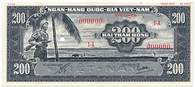 South Vietnam banknote 200 Dong color proof, black, face