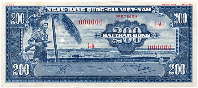 South Vietnam banknote 200 Dong color proof, dark blue, face