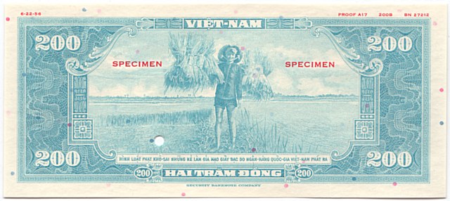 South Vietnam banknote 200 Dong color proof, light blue, back