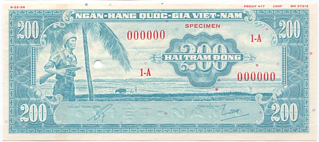 South Vietnam banknote 200 Dong color proof, light blue, face