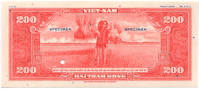 South Vietnam banknote 200 Dong color proof, orange, back