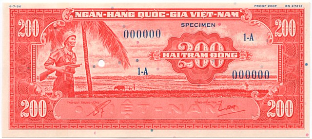 South Vietnam banknote 200 Dong color proof, orange, face