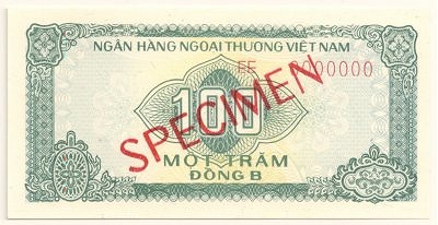 Vietnam foreign exchange certificate 100 dong 1987 specimen, face