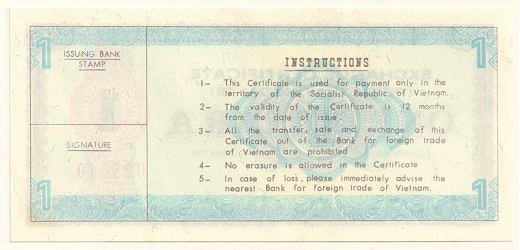 Vietnam foreign exchange certificate 1 dollar 1981, back