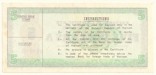 Vietnam foreign exchange certificate 5 dollars 1981, back