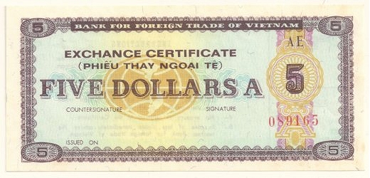 Vietnam foreign exchange certificate 5 dollars 1981, face