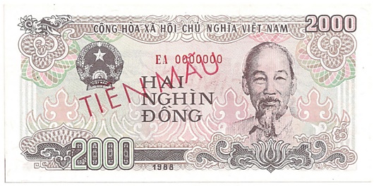 Vietnam banknote 2000 Dong 1988 specimen, 2000₫, face