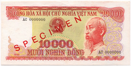 Vietnam banknote 10,000 Dong 1990 specimen, 10000₫, face