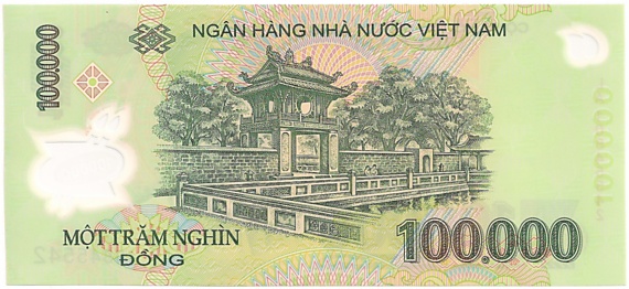 Vietnam polymer 100,000 Dong 2010 banknote, 100000₫, back