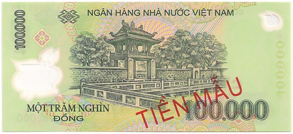 Vietnam polymer 100,000 Dong banknote specimen, 100000₫, back