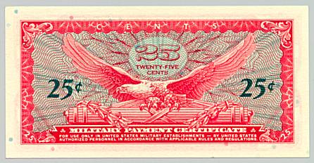 Vietnam War, Military Payment Certificate 25 cents, series 641, back