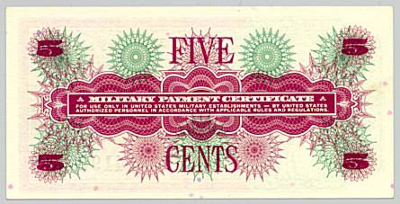 Vietnam War, Military Payment Certificate 5 cents, series 661, back