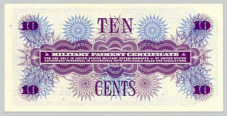 Vietnam War, Military Payment Certificate 10 cents, series 661, back