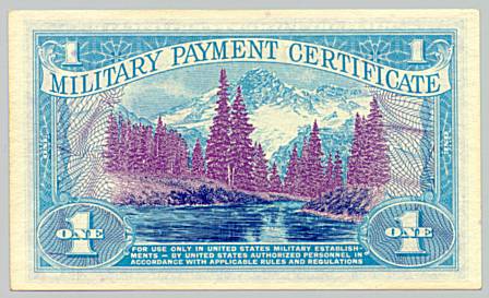 Vietnam War, Military Payment Certificate 1 dollar, series 661, back