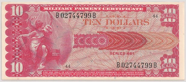 Vietnam War, Military Payment Certificate 10 dollars, series 661, face