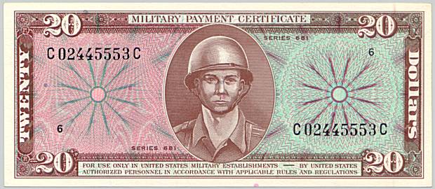 Vietnam War, Military Payment Certificate 20 dollars, series 681, face