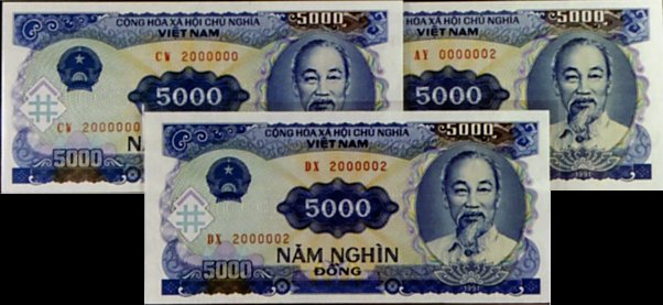 Super Radar and Six-in-a-Row serial numbers on 5000 Dong 1991