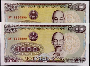 Upside-down serial numbers on 1000 Dong 1988
