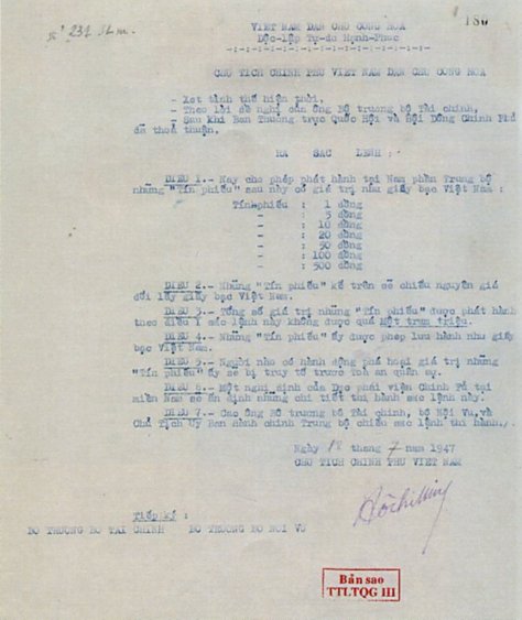 Decree No. 231/SL from July 18, 1947 signed by Ho Chi Minh